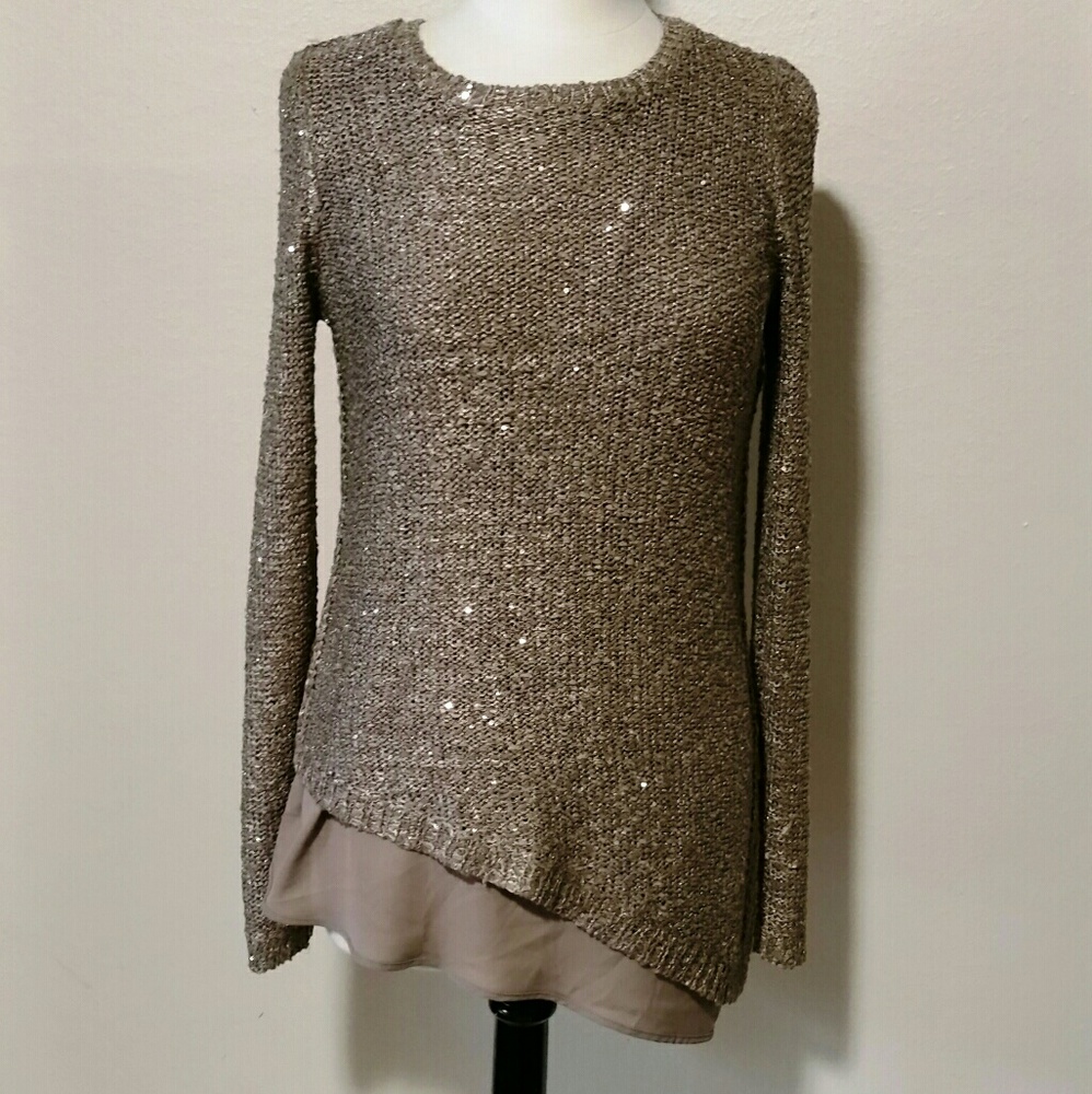 NEW Taupe Chenille Sequins Sweater w/ Crepe Under